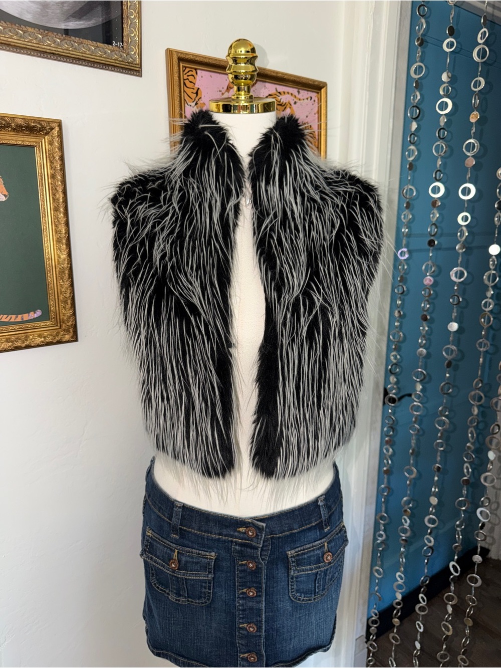Vintage Y2K Bebe Faux Fur Cropped Vest - Black & White